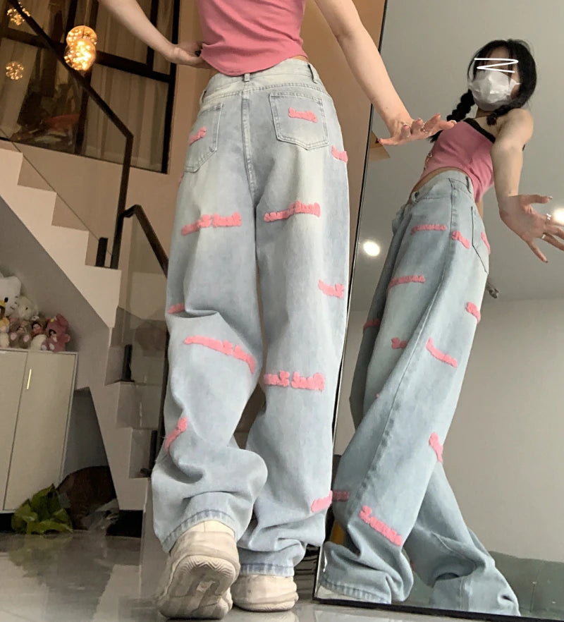 Letters Embroidery Loose Washed Jeans Summer New High Waist All Match Wide Leg Pants