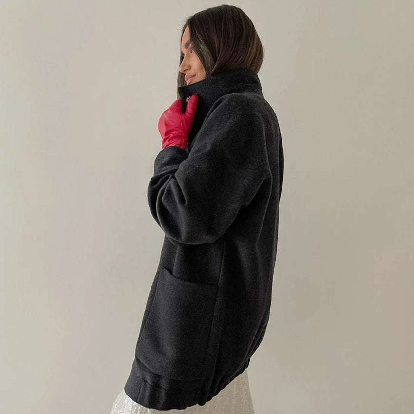 Autumn Winter Warm Woolen Jackets for Basical Big Pockets Long Sleeve Coats Outwear Clothes