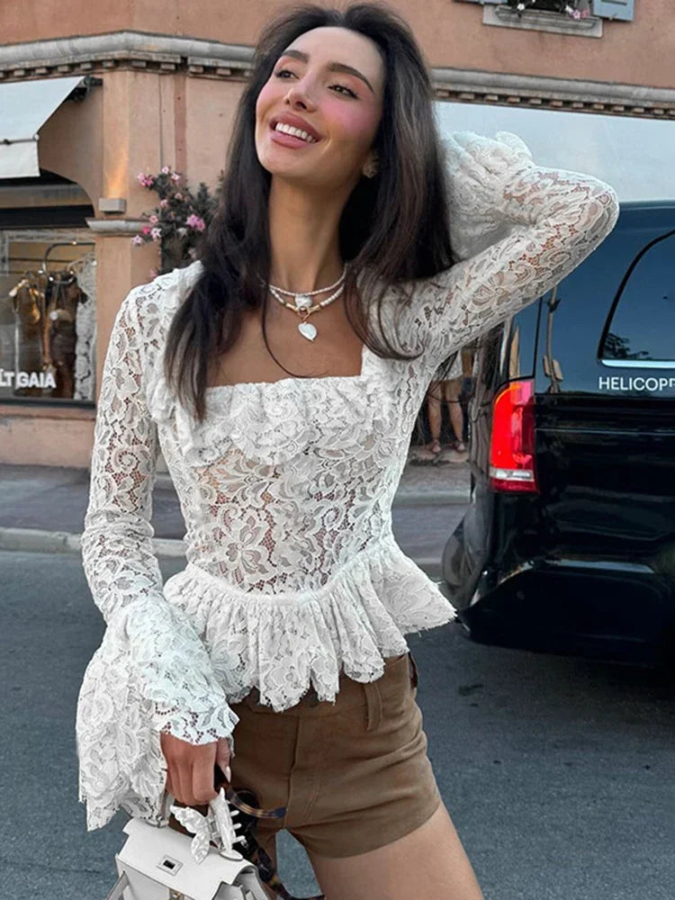 Splice Lace Square Collar See-through Top for Slim Flare Long Sleeve White T-shirt Female Pullover New