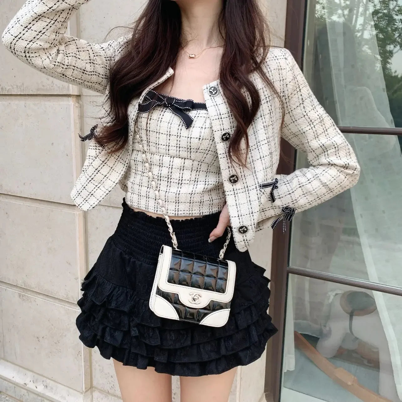 Creamysweet Creamy Girly Skirt With High Waist and Black and White Lace Puffy Cake Skirt