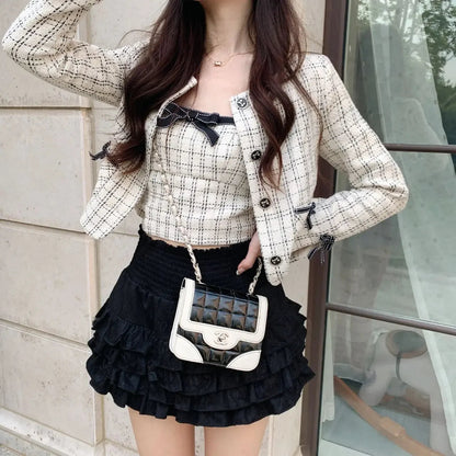 Creamysweet Creamy Girly Skirt With High Waist and Black and White Lace Puffy Cake Skirt