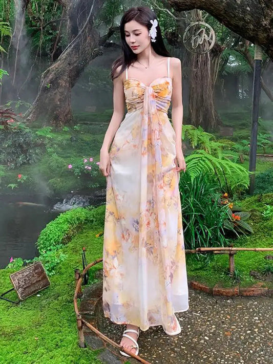 Retro Beige Yellow Print Sleeveless Pleated Slip Long Dress Summer New Holiday Evening Party Dress