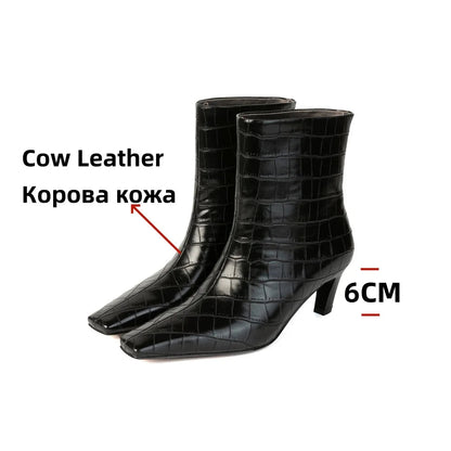 Stone Pattern Leather High Heels Autumn Winter Short Shoes Office Lady Party Dancing Shoes Ankle Boots