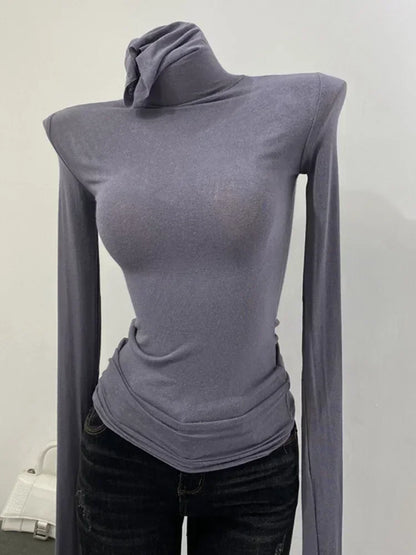 Thin Soft American Long Sleeve T-shirt High Stacked Neck Tight Perspective Bottom Shirt ’s Slim Fit Tops