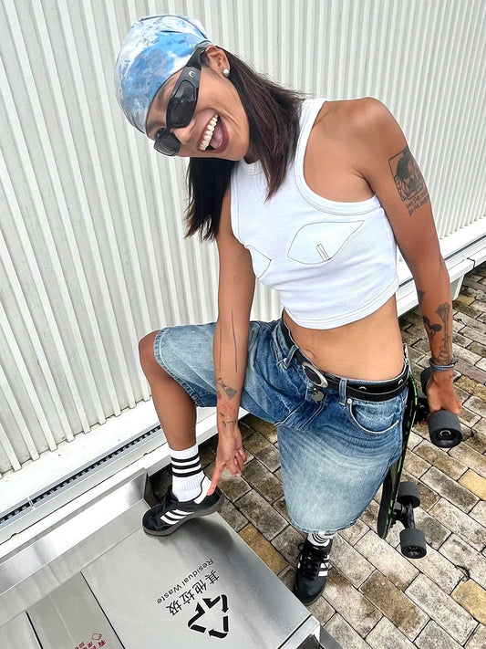 Blank Patched Jeans Jorts Do Old Whiskers Wide Leg High Waist Denim Short Pants Y2k Korean