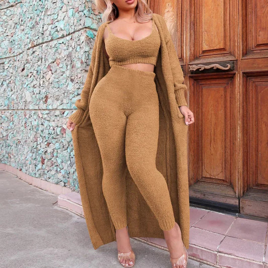 Autumn and Winter Color Suspenders Long Coat Trousers Plush Suit Threepiece Set Vestidos