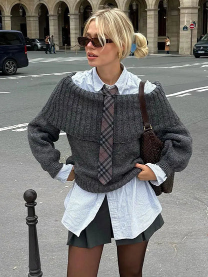 Off Shoulder Cropped Knitted Pullover Slash Neck Long Sleeve Female Sweater Autumn Lady Loose Jumpers Knit