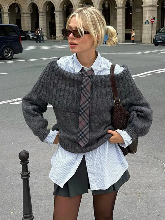 Off Shoulder Cropped Knitted Pullover Slash Neck Long Sleeve Female Sweater Autumn Lady Loose Jumpers Knit