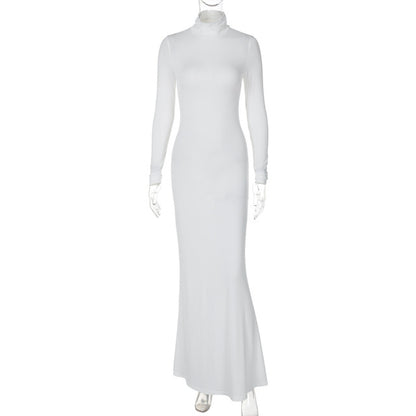 Turtleneck Long Sleeve Maxi Dress Gown Autumn Winter New Long Dress Femme Floor-length Dress