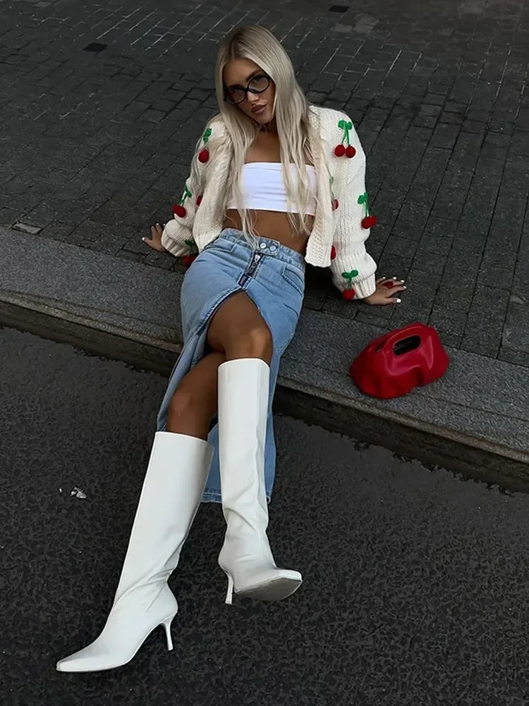 3d Cherry Patchwork Knitted Cardigan Long Sleeved Cropped Sweater Top Autumn Commuting Street Outwear