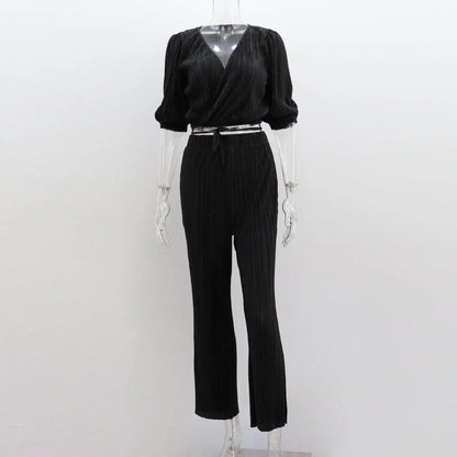 Summer Orange Pleated Pants Two Piece Sets Suits Laceup Tops and High Waist Trousers 2 Piece Sets