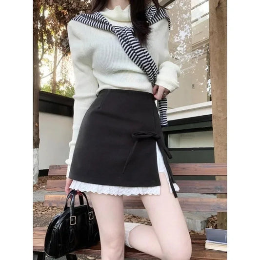 Contrast Color Patchwork Aline Skirt Spring New High Waist Lace Up Bow Slim Mini Skirt