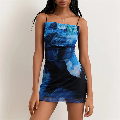 Mini Dress Summer Print Square Collar Spaghetti Strap Sleeveless Short Dress Evening Party Dresses