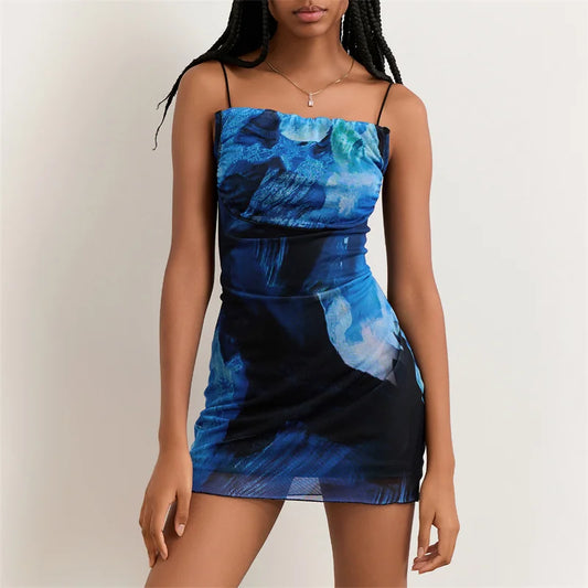 Mini Dress Summer Print Square Collar Spaghetti Strap Sleeveless Short Dress Evening Party Dresses