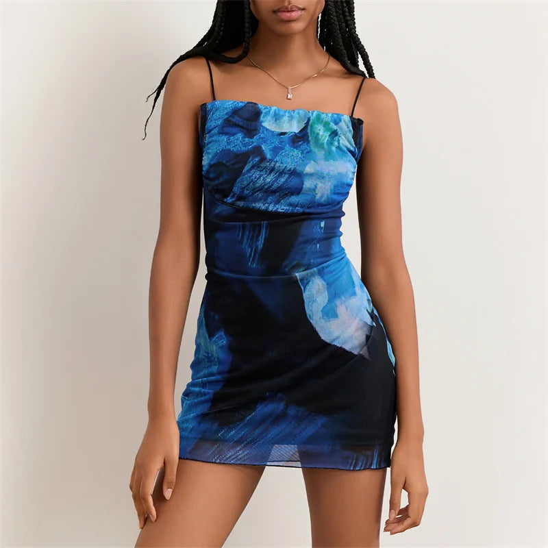 Mini Dress Summer Print Square Collar Spaghetti Strap Sleeveless Short Dress Evening Party Dresses