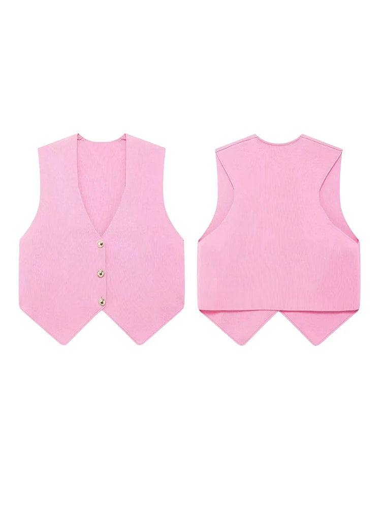 Knit Short Vest for V Neck Single Breasted Sleeveless Waistcoat Pink Top Female New Lady Classic