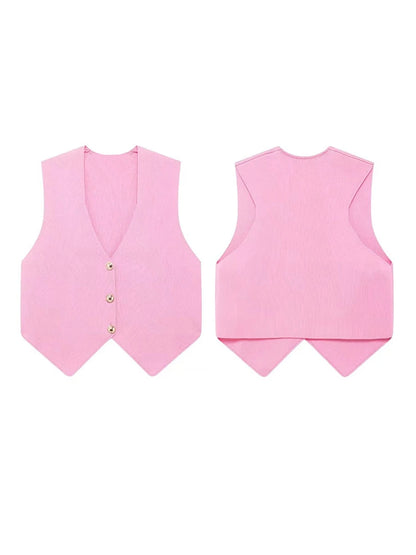 Knit Short Vest for V Neck Single Breasted Sleeveless Waistcoat Pink Top Female New Lady Classic