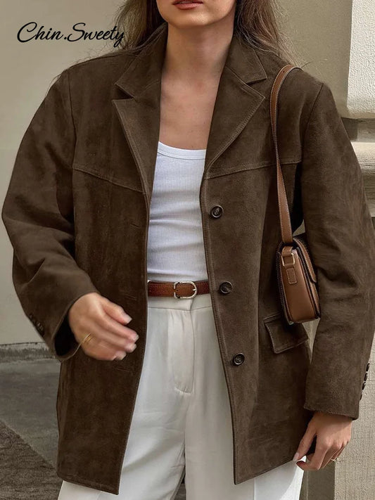 Suede Jackets Loose Lapel Single Breasted Long Sleeves Pockets Blazer Coats Female Autumn New in Outwear