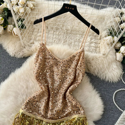 French High End Strap Glitter Camisole Dress Female Spicy Girl Slimming Tassel Splicing Sleeveless Aline Midi Dress for