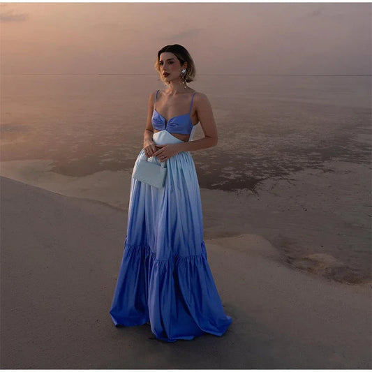 Pleated Hollow Out Long Dress for Patchwork Sleeveless Backless Dresses Vacation Lady Evening Party Robe