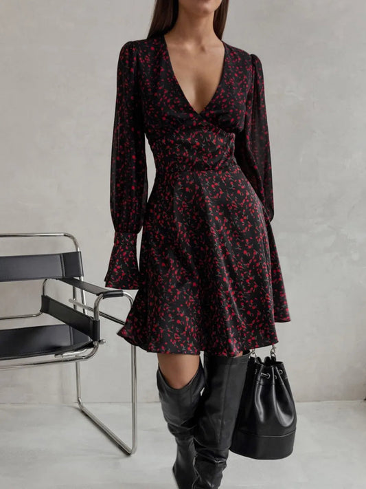Printed Mini Dresses Deep V Neck Long Sleeve Waist Cinched Aline Vestidos Office Lady Dresses