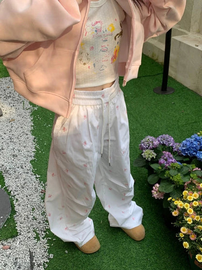 Y2k Parachute White Jogger Pants Baggy Bow Printed Sweatpants Hip Hop Slouchy Sporty Bottoms