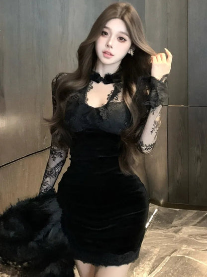 Velvet Mini Dress for Korean Lace Patchwork Flare Sleeve Party Short Dresses Female Slim Waist Vestidos New