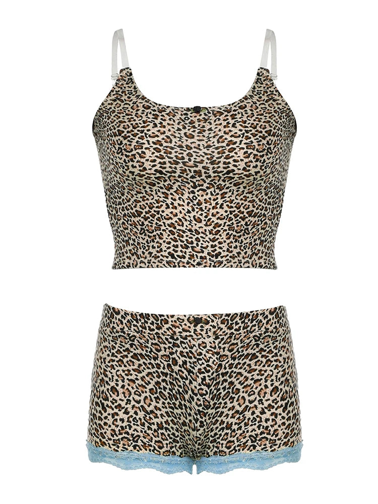 Contrast Lace Trim Leopard Print 2 Pieces Sets Sleeveless Cropped Camisole and Skinny Shorts Rave Baddie Outfits