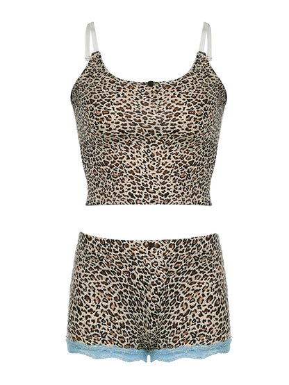 Contrast Lace Trim Leopard Print 2 Pieces Sets Sleeveless Cropped Camisole and Skinny Shorts Rave Baddie Outfits