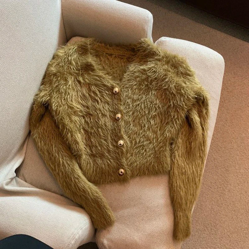 Cropped Mohair Knitted Cardigan V Neck Sweater Coat Korean Black White Knitwear Slim Jumpers New