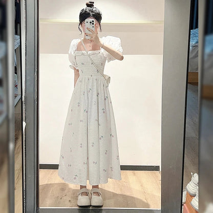 Large Size Summer New Bubble Sleeved Dress With Square Collar, French Kikyo Tea Break Long Skirt