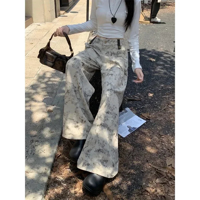 Contrast Color Patchwork Wide Leg Pants Autumn New Korean High Waist Allmatch Tiedye Loose Jeans