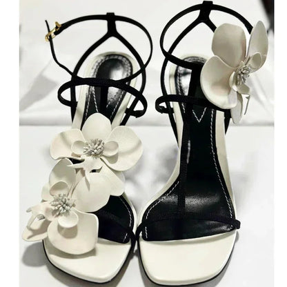 Flower Designer Heels Sandals Open Toe Narrow Band Slingback Shoes Ankle Strap Party Wedding Shoe Zapatos De Mujer