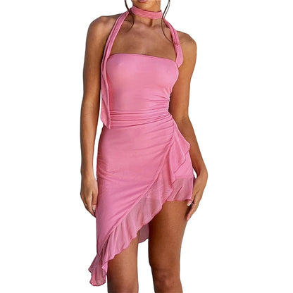 Ruffled Dresses for Summer Color Sleeveless Halterneck Backless Irregular Hem Midi Dress Y2k Party Dress