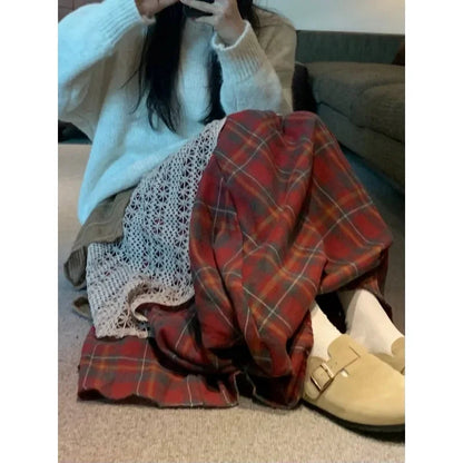 Contrast Color Patchwork Aline Skirt Spring New High Waist Hollow Loose Pleated Plaid Midlength Skirt