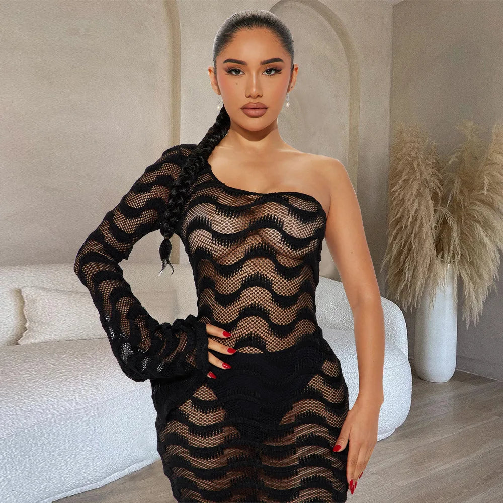 One Shoulder Flare Sleeve Beach Dress See Through Slim Maxi Dress Long Dress Holiday Beach Outfit
