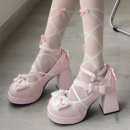 Lolita Bow Bow Decor Pumps Platform Chunky High Heels Ankle Strap Sweet Pumps for Girl Shoes