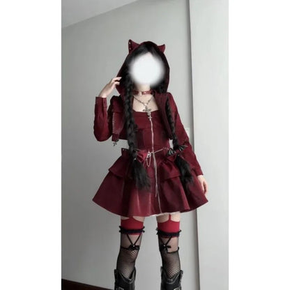 Sweet Hoodie Long Sleeve Coat + Y2k Slim Waist Halter Ruched Vest Dresses Autumn New Two Piece Sets