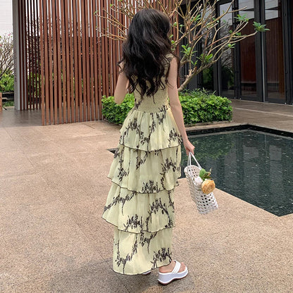 Retro Cascading Ruffles Flower Print Yellow Cake Midi Dresses New Summer Special Design Camisole Clothing Mujer