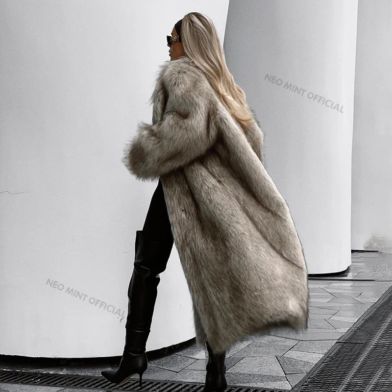 Mob Wife Aesthetic Long Faux Fur Coat Winter Fluffy Gradient Fox Fur Jacket Female Furry Overcoat