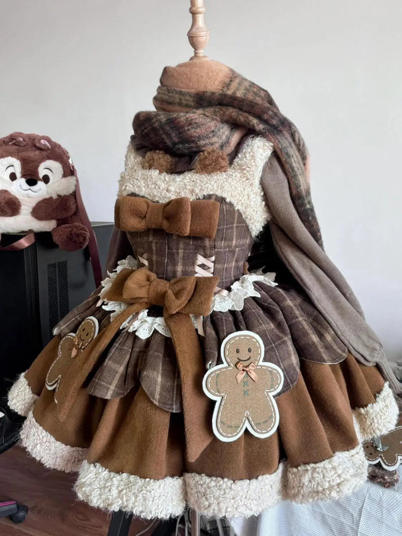 New Sweet Lolita Dress Set for Autumn/winter Spliced Plaid Strap Mini Dress Cloak Coat Two Piece Set Outfits