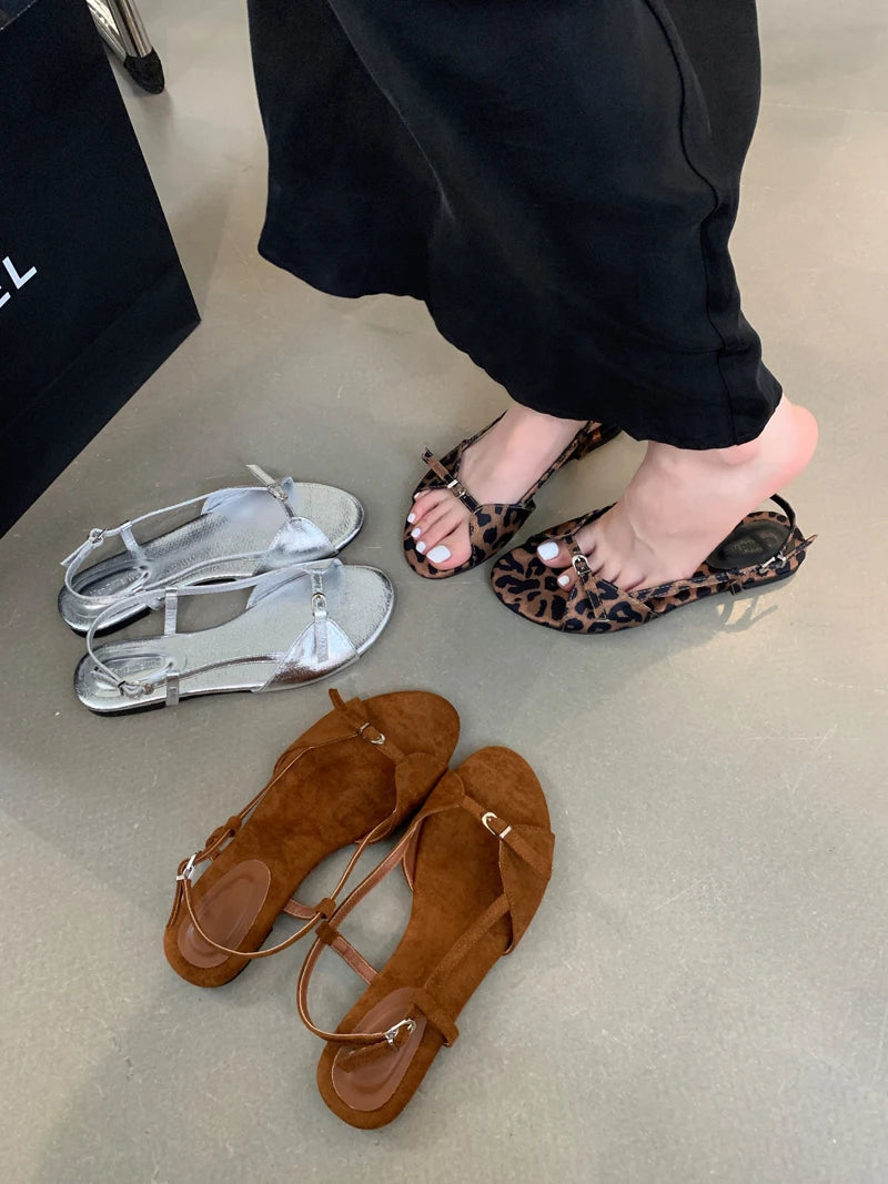Silver Sandals Flats Brown Belt Buckle Shoes Summer Flats Sandal Comforts Sandalias De Mujer