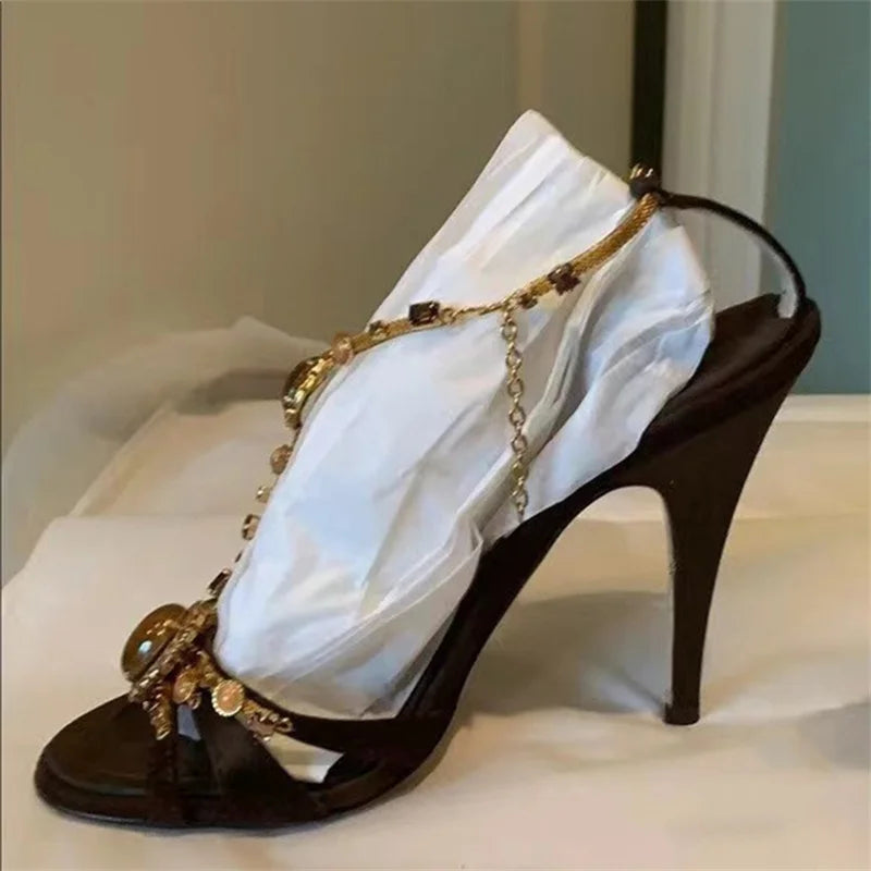 Style Gem Ankle Strap Sandals Silk Open Toe Gladiator High Heels Wedding Prom Shoes Zapatos Mujer