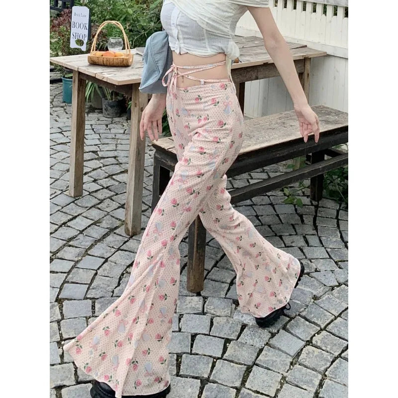 Summer Korean Retro High Street Print Laceup Waist Trousers Flare Pants