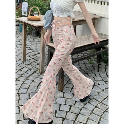 Summer Korean Retro High Street Print Laceup Waist Trousers Flare Pants