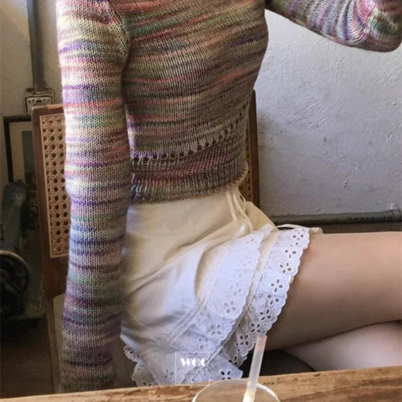 Laceup Pleated Color Aline Skirt Summer New High Waist Lace Splicing Hollow Out Mini Skirt
