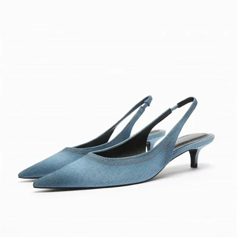 Blue Denim Fabric Slingbacks for Woman Cross Thin Buckle Strap Upper Stiletto Sandals Point Toe Thin Kitten Heel Pump