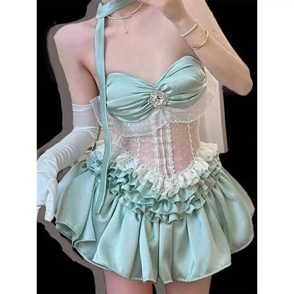 Mint Green Waist Corset Lace Spliced Strapless Dress for Summer New Spicy Girl High Waist Slimming Puffy Cake Mini Dress