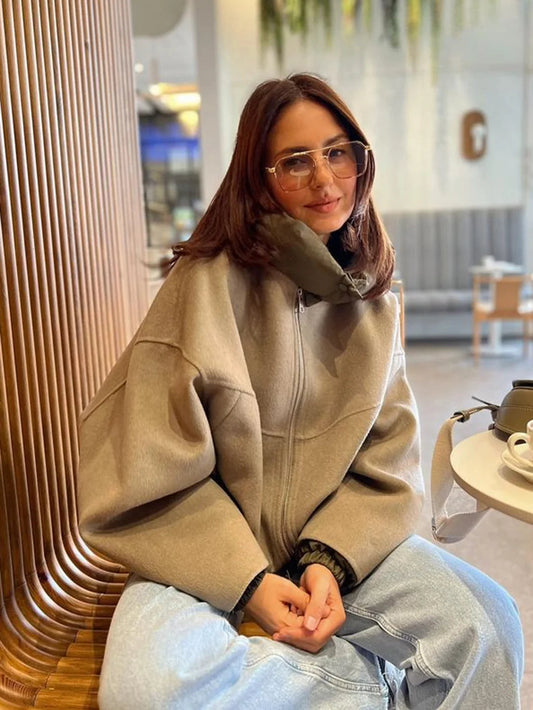 Detachable Hooded Patchwork Jacket Woman Long Sleeve Drawstring Hem Loose Coat Spring Color Simple Outerwear Top