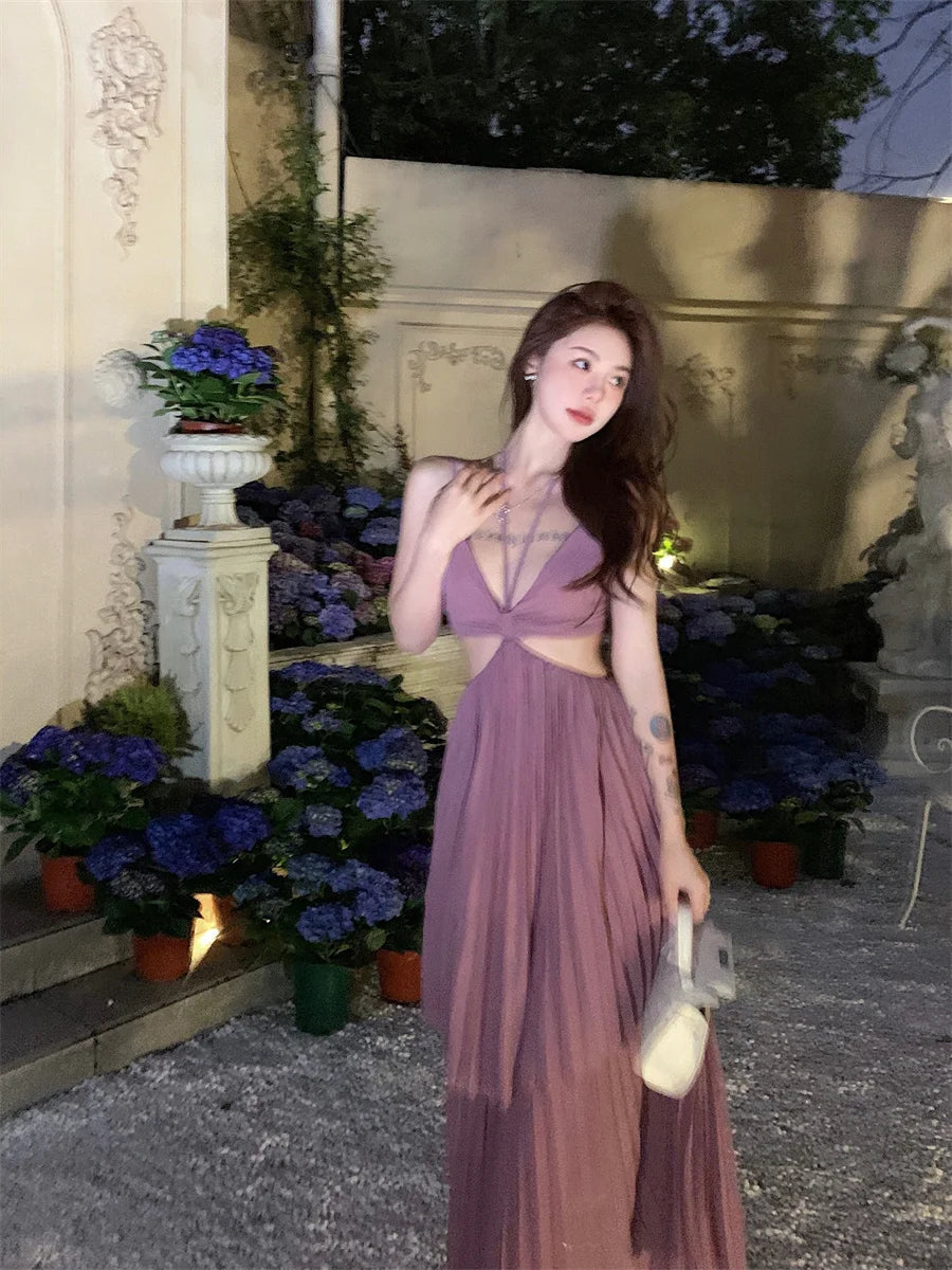 Summer New Pleated Holiday Beach Long Dresses for Vacation Spaghetti Strap a Line Robe Sundress
